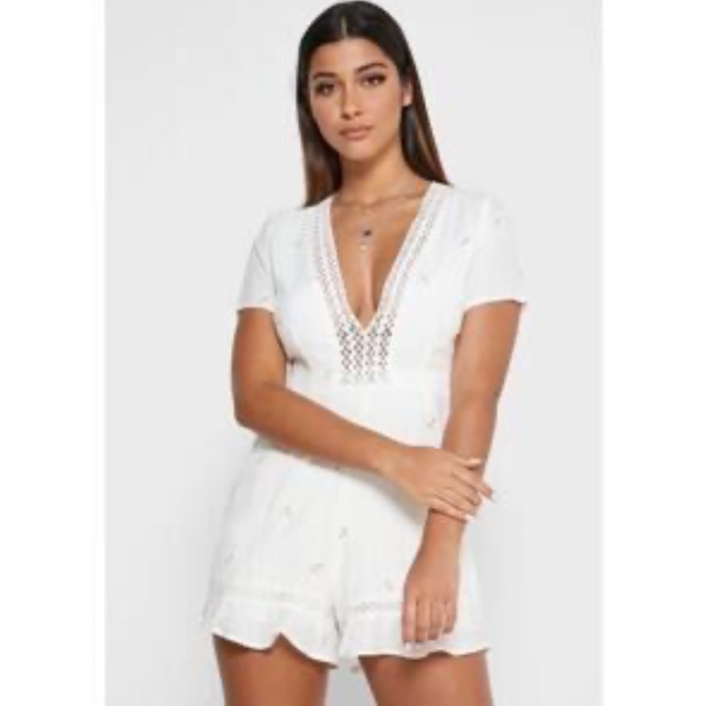 Anthropologie foxiedox  Floral White Embroidered Romper medium size